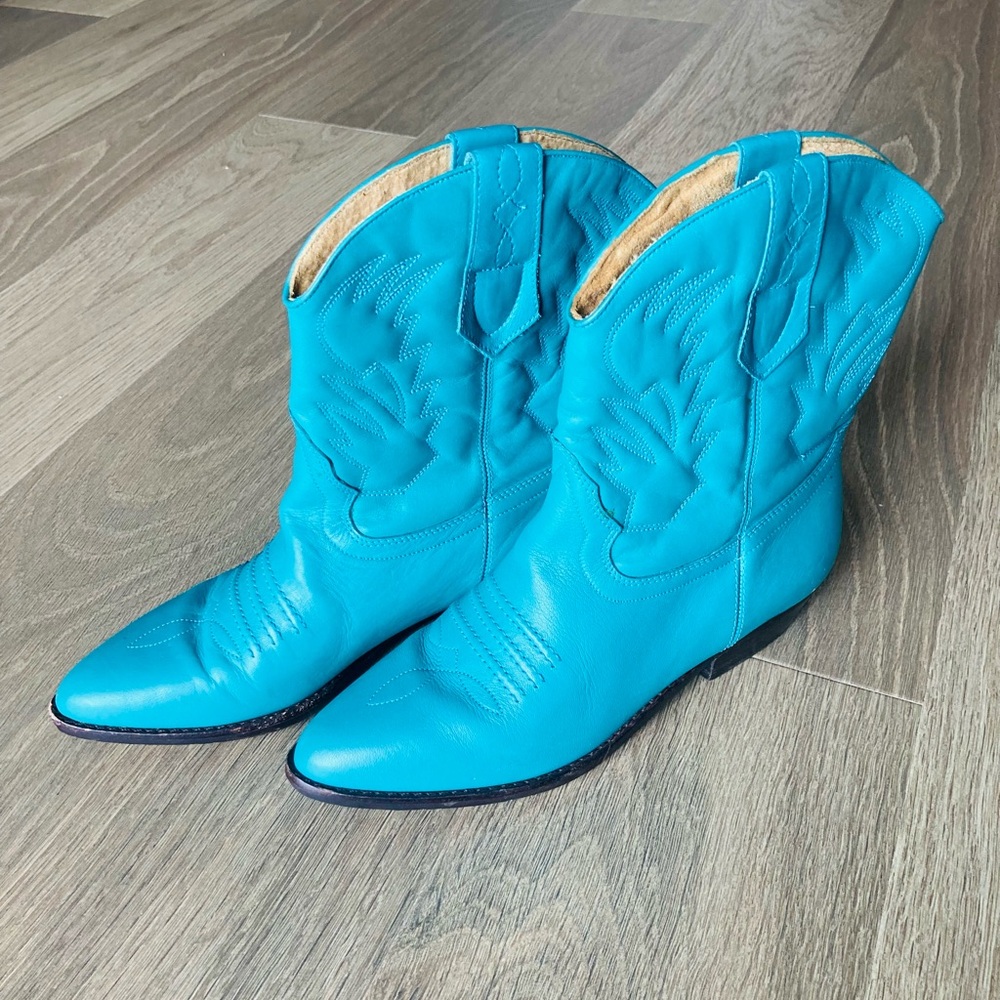 Vintage Turquoise-Green Leather Women’s Western Ankle Boots